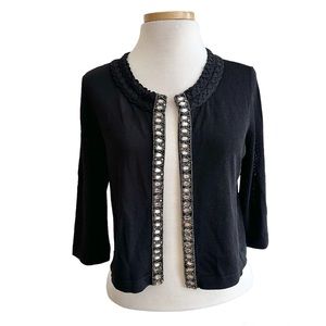 Alfani Vtg Open Crop Knit Sweater Embellished Front Trim 3/4 Sleeves Black Sz SP